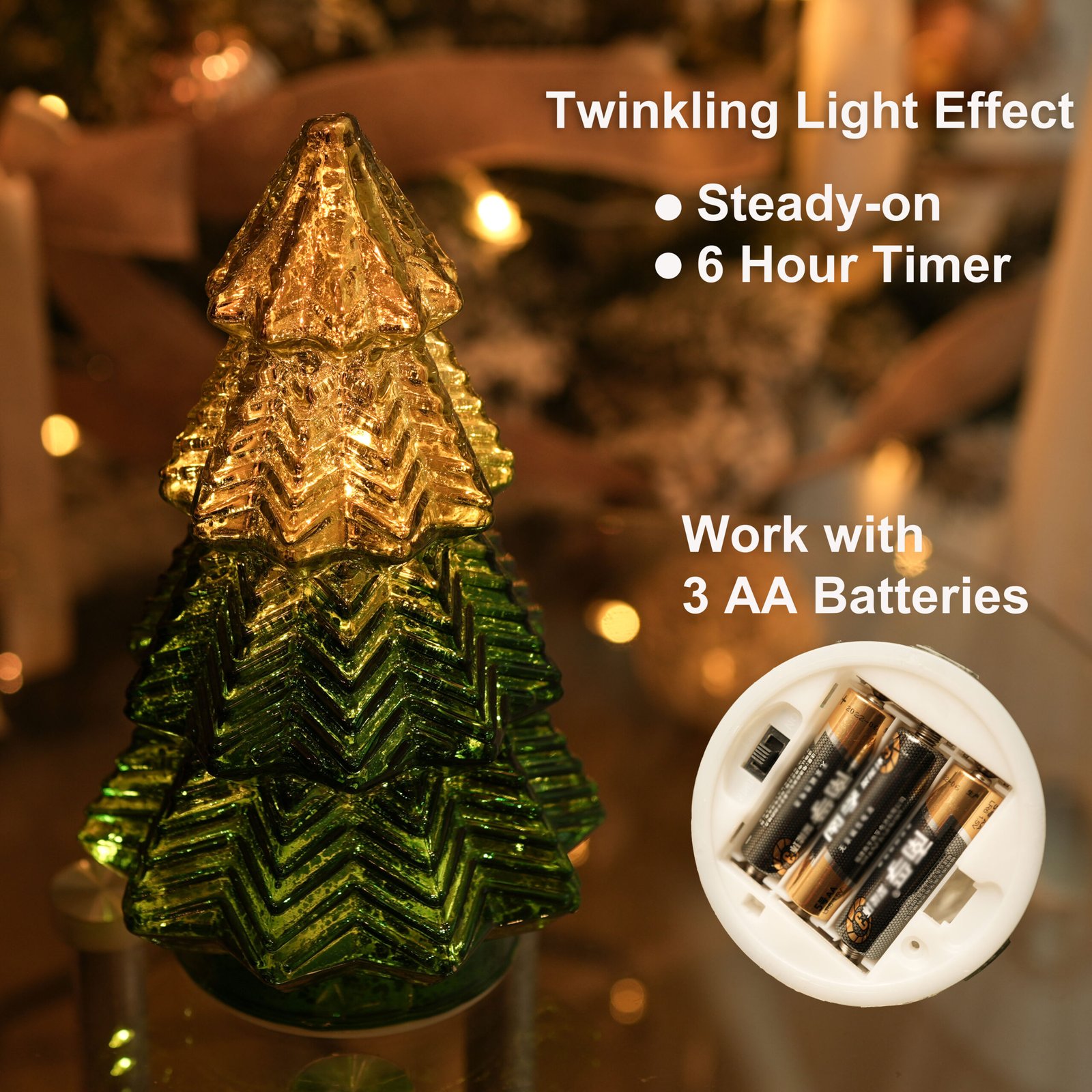 Green Mercury Glass Christmas Tree for Home Decor, Christmas Table Decorations Lighted Xmas Tree with Timer for Living Room Mantel Tabletop Party-8" H - Image 3