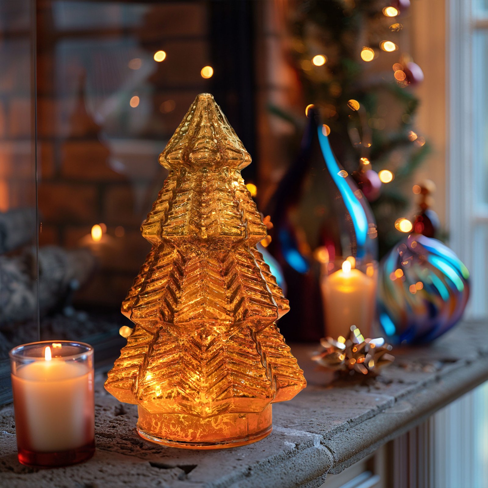 Gold Mercury Glass Christmas Tree for Home Decor, Christmas Table Decorations Lighted Xmas Tree with Timer for Living Room Mantel Tabletop Party-8" H (Copy)
