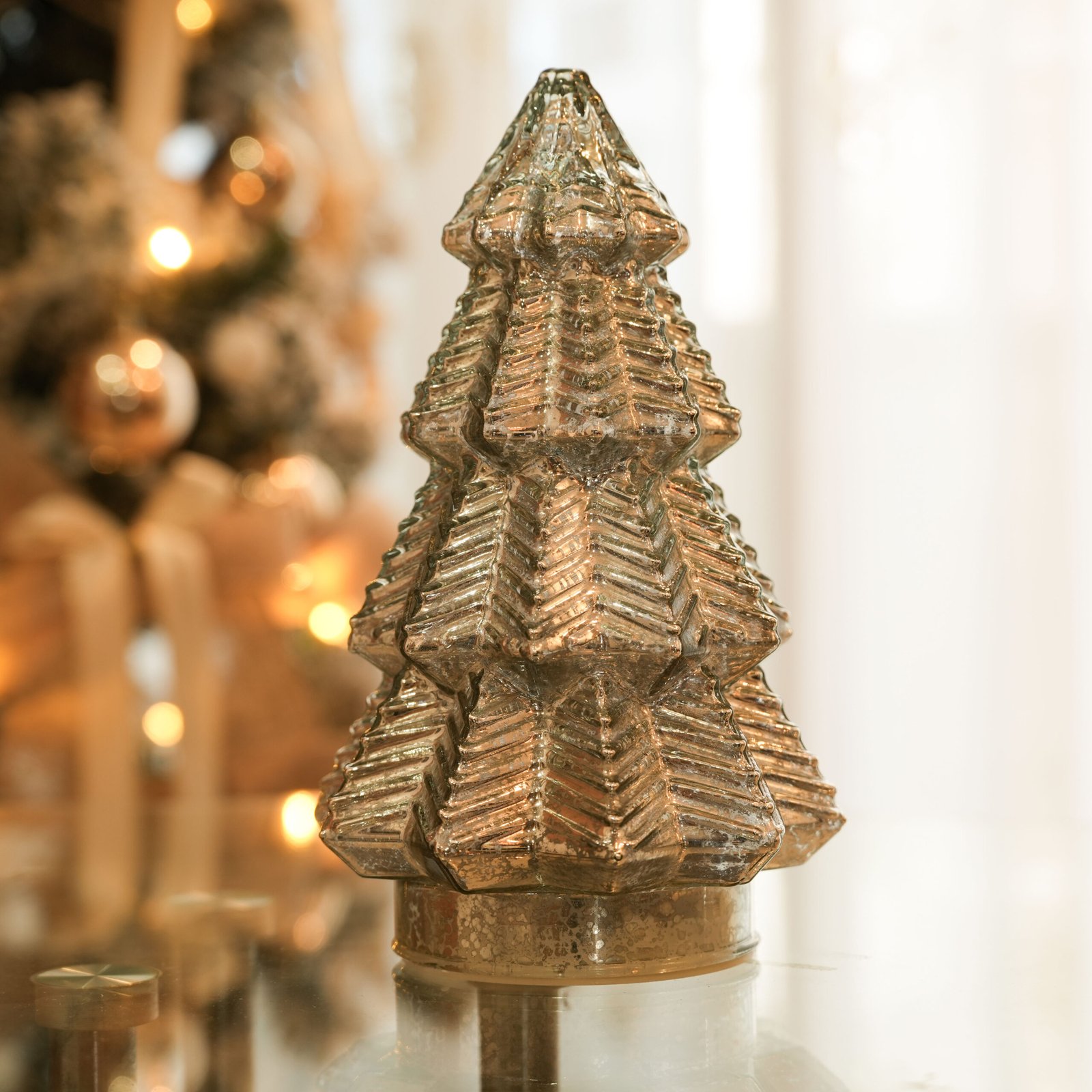 silver Mercury Glass Christmas Tree with Dynamic Colorful Light, Christmas Table Decorations Lighted Xmas Tree with Timer for Living Room Mantel Tabletop Party-8" H (Copy)