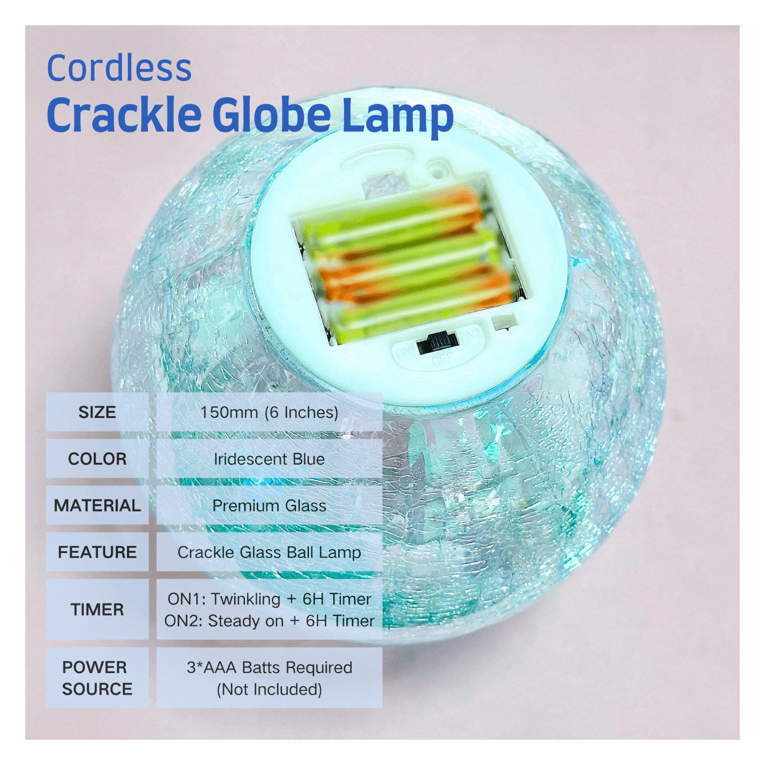 Diam 6" Crackle Glass Globe Lamp - Iridescet Blue, Battery Powered, 6H Timer, Nautical Coastal Table Decor, Beach Vibes Gift - Image 2