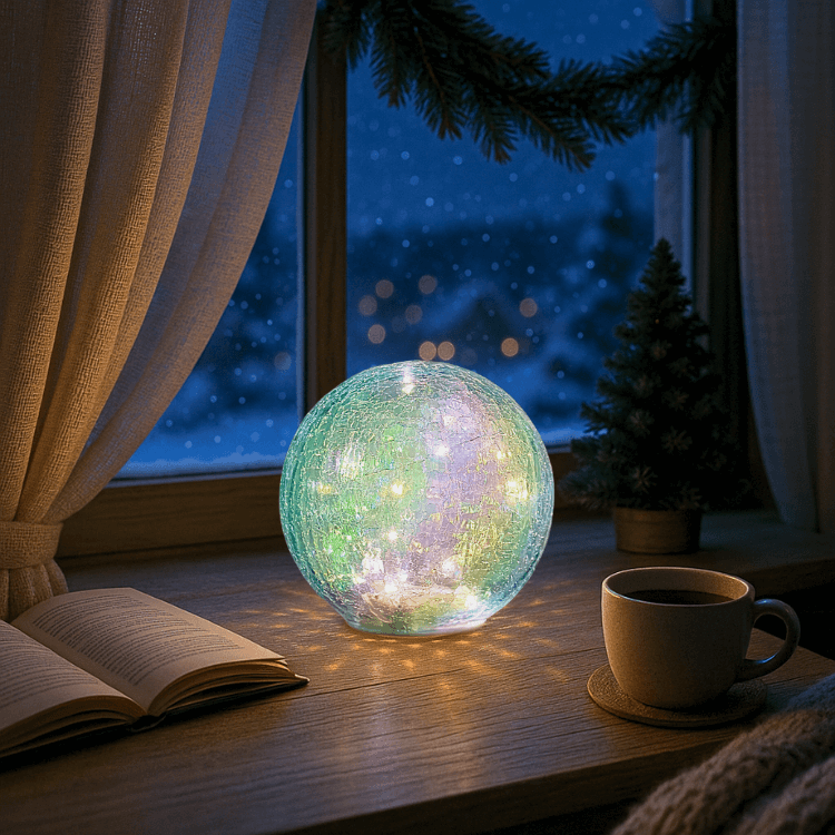 Diam 6" Crackle Glass Globe Lamp - Iridescet Blue, Battery Powered, 6H Timer, Nautical Coastal Table Decor, Beach Vibes Gift