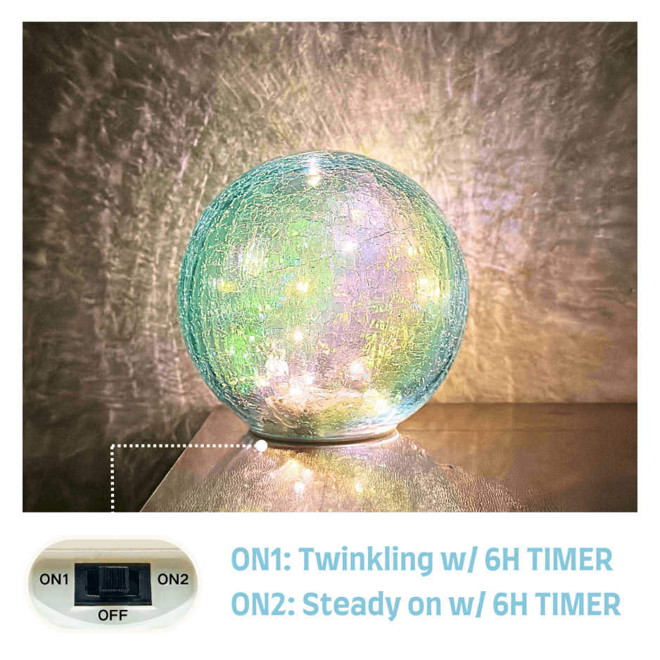 Diam 6" Crackle Glass Globe Lamp - Iridescet Blue, Battery Powered, 6H Timer, Nautical Coastal Table Decor, Beach Vibes Gift - Image 3