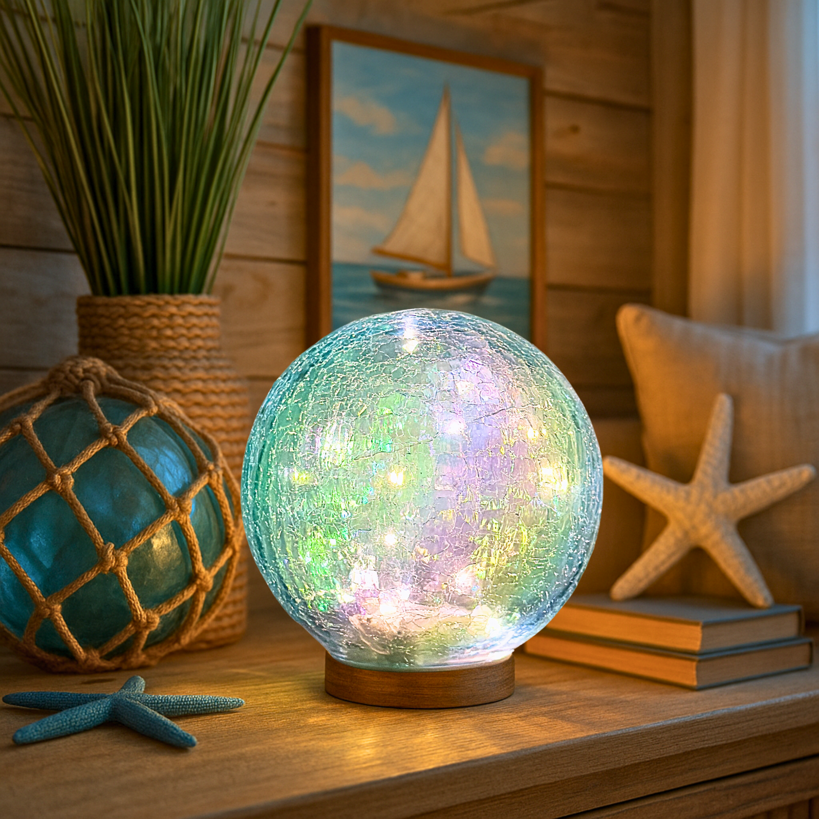 Diam 6" Crackle Glass Globe Lamp - Iridescet Blue, Battery Powered, 6H Timer, Nautical Coastal Table Decor, Beach Vibes Gift - Image 4