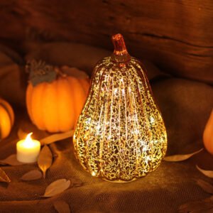Mercury Glass Pumpkin Light with 6H Timer, Battery Powered Pumpkin for Fall Harvest Halloween Thanksgiving Decor, Gold, 8.7"H