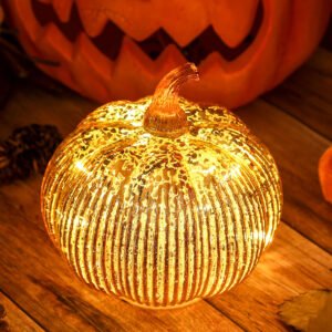 Mercury Glass Light up Pumpkin with Timer- Fall Decoration for Home-Lamps for Festive Decoration-Halloween Decorations (Gold)