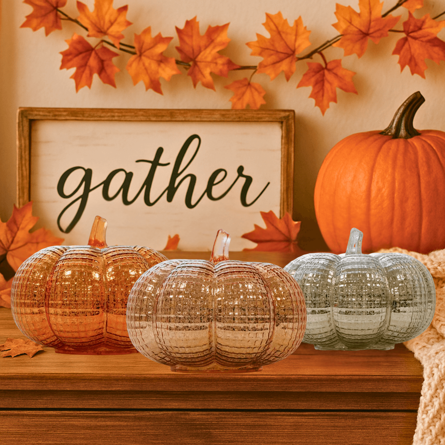 5.5"H Textured Glass Pumpkin Lamp with Warm LED Glow and Timer – Fall Ambient Decor (Gold / Silver / Rosegold)