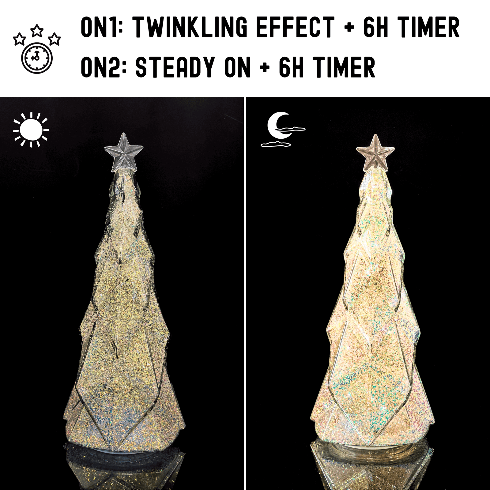 12"H Glitter-Filled Crystal Glass Christmas Tree with Twinkle & Steady Modes, 6-Hour Timer - Image 2