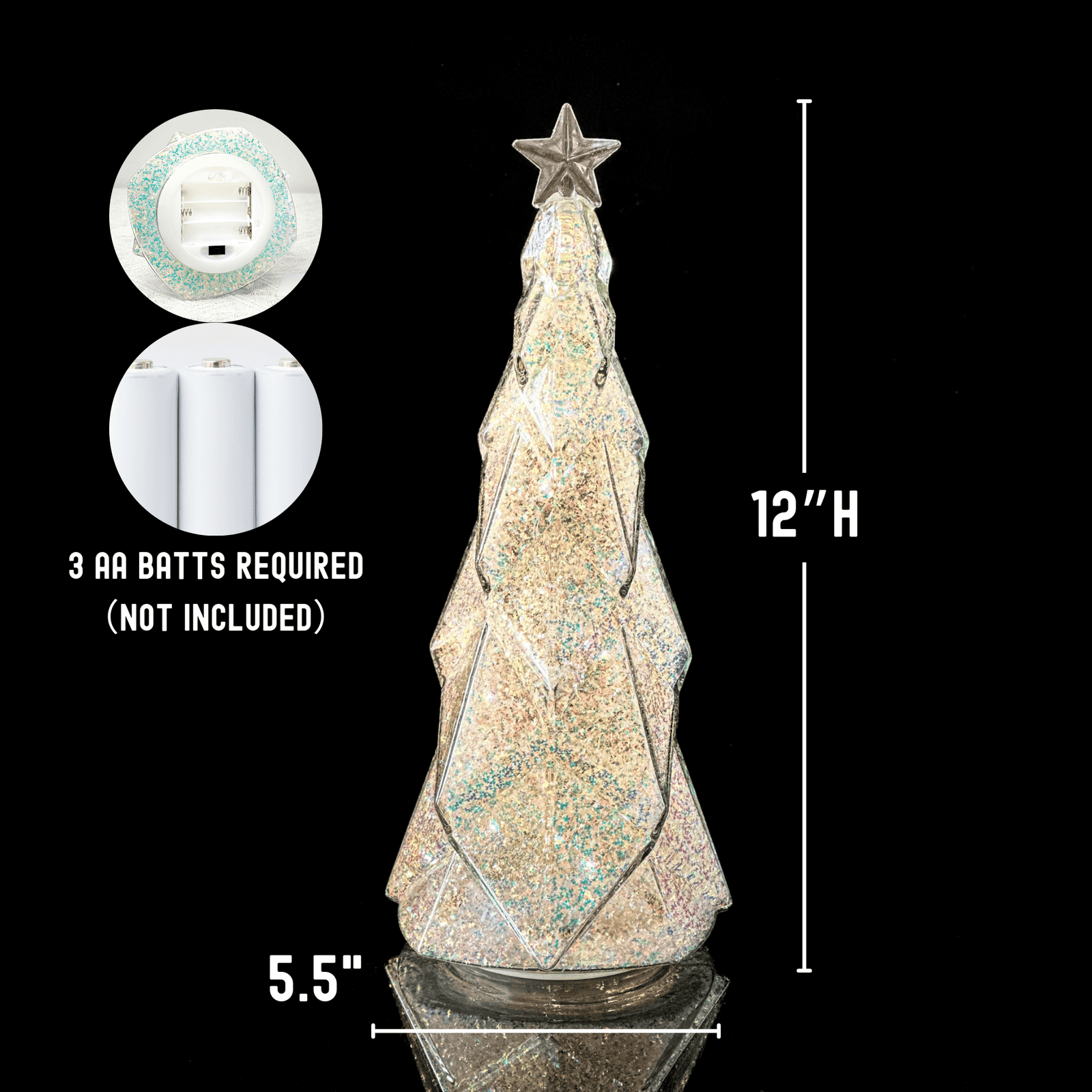 12"H Glitter-Filled Crystal Glass Christmas Tree with Twinkle & Steady Modes, 6-Hour Timer - Image 3