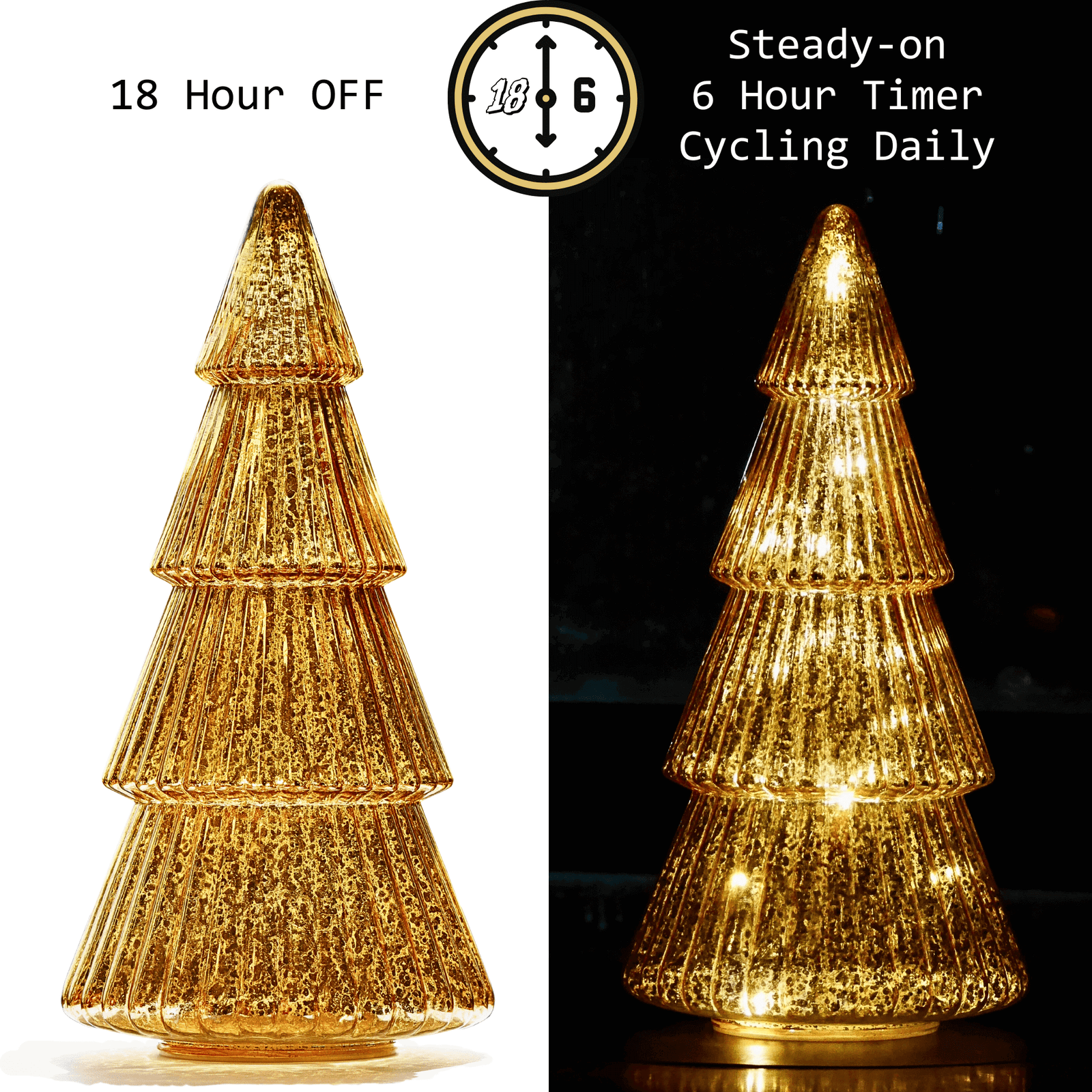Battery Operated Glass Christmas Tree with 6-Hour Timer — Festive LED Holiday Decor (Gold / Silver / ridescent / Glitter, 8”H or 12”H) - Image 2