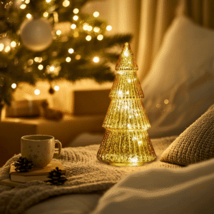 Battery Operated Glass Christmas Tree with 6-Hour Timer — Festive LED Holiday Decor (Gold / Silver / ridescent / Glitter, 8”H or 12”H)