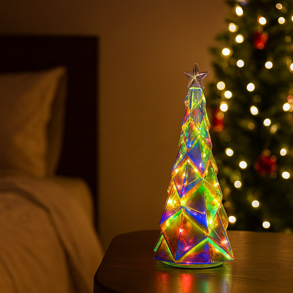 12"H Iridescent Mercury Glass Christmas Tree Light with Twinkle & Steady Modes, 6-Hour Timer, Battery Operated LED Light up Xmas Tree Home Decoration Festive Gift