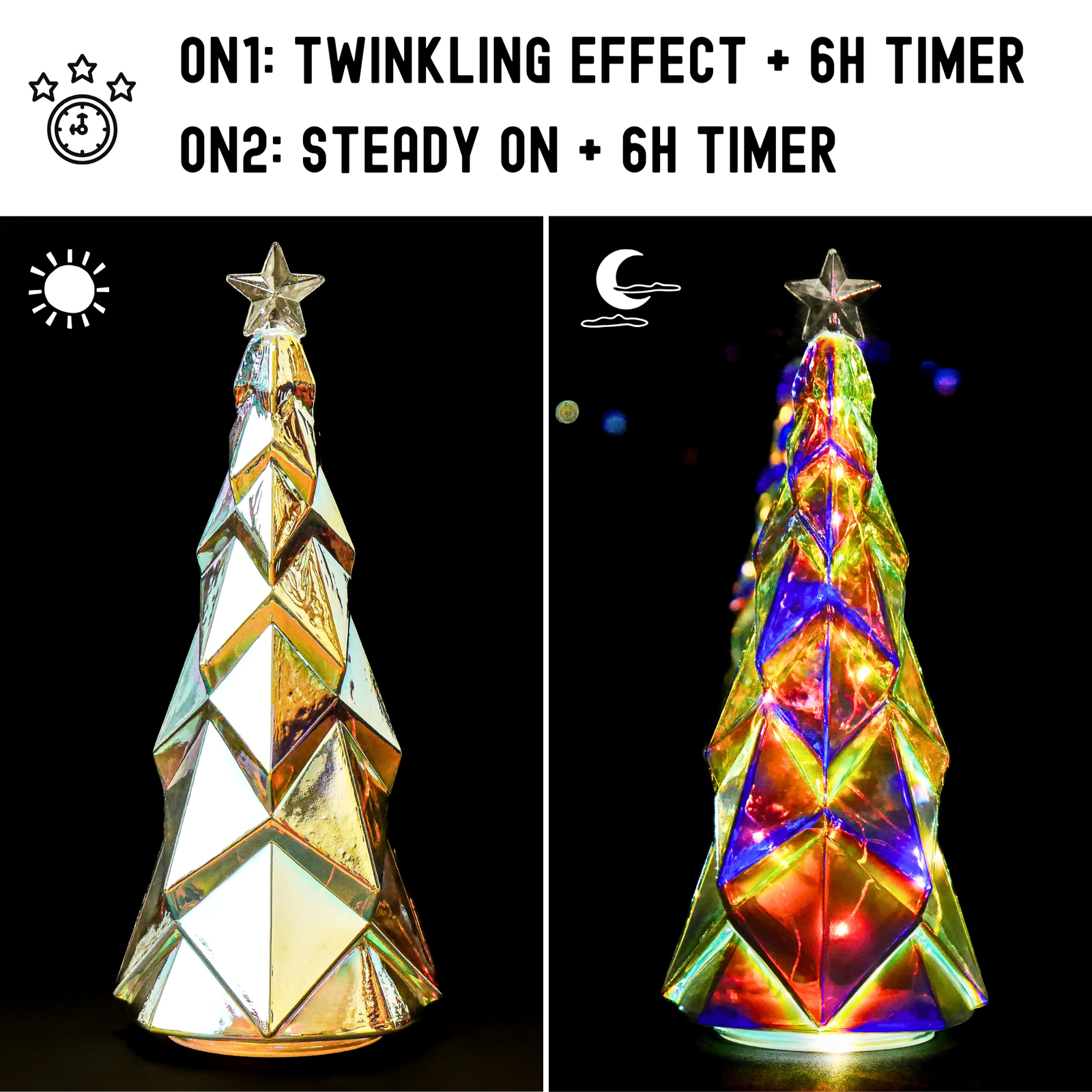 12"H Iridescent Mercury Glass Christmas Tree Light with Twinkle & Steady Modes, 6-Hour Timer, Battery Operated LED Light up Xmas Tree Home Decoration Festive Gift - Image 3